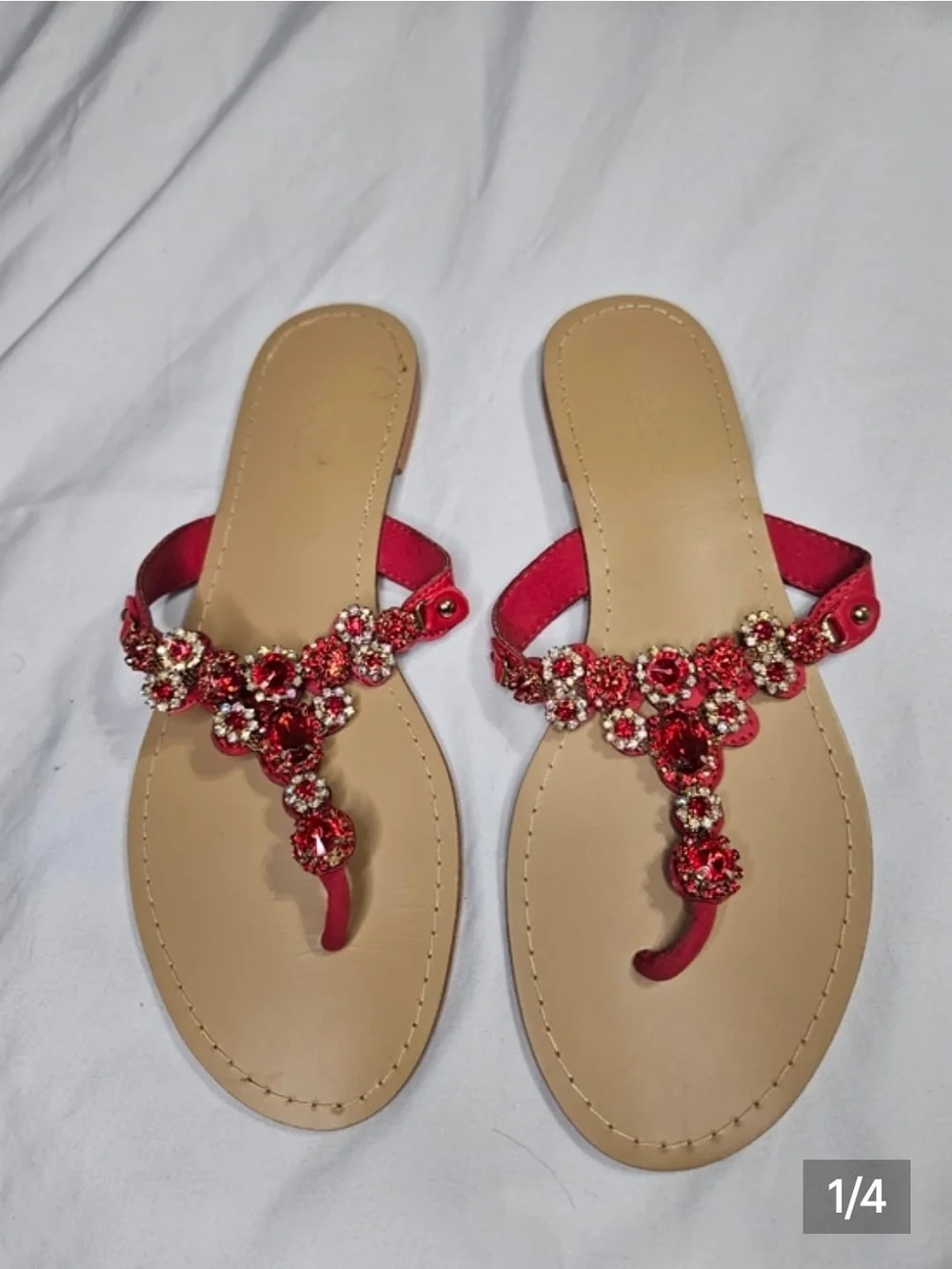 Red Jeweled T-Strap Women's Sandals by